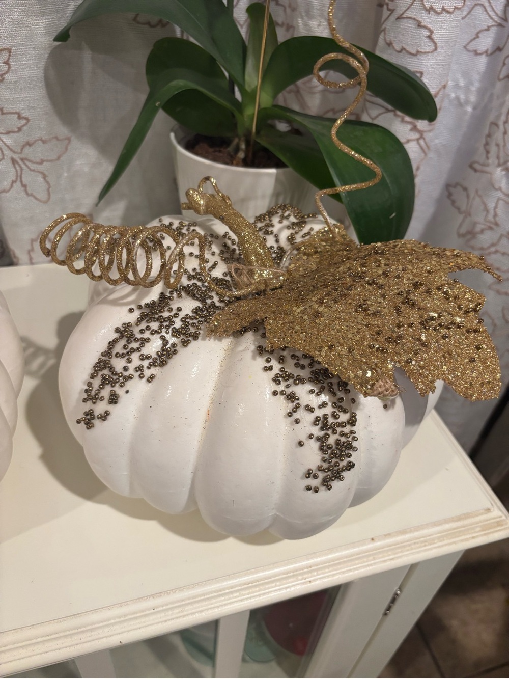 Gold-Embellished White Decorative Pumpkin - Elegant Holiday Accent